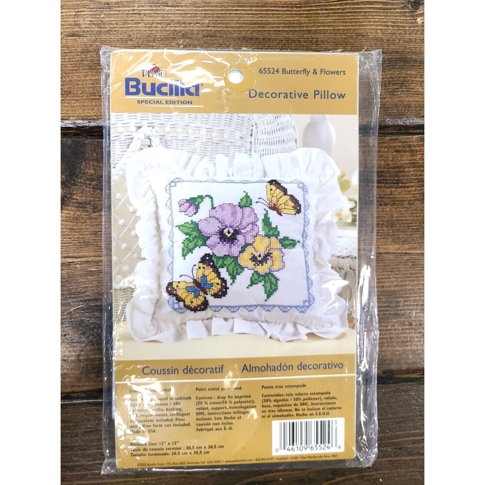 NOS VTG Bucilla Decorative Pillow Butterfly & Flowers Stamped Cross Stitch Kit